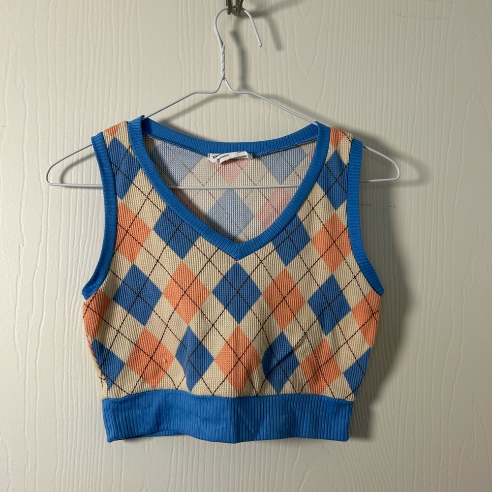 Argyle Knit Crop Top in Blue and Orange